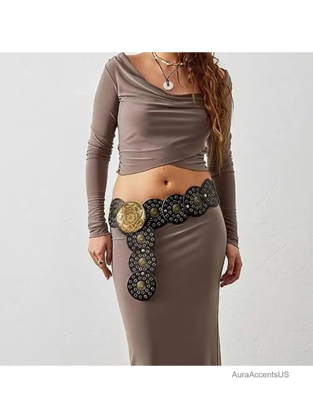 Women's Wide Western Belt PU Leather Disc Concho Punk Waist Belt